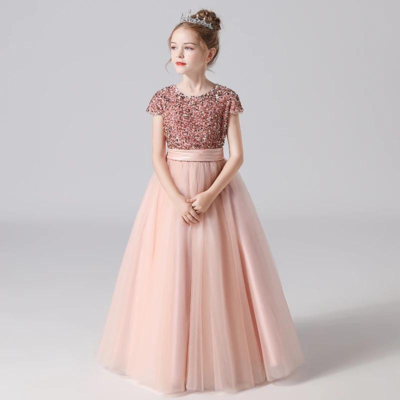 Princess Dress for Children Sparkly Sequin Short Sleeve Flower Girl Dress Tulle Kid Birthday Party Pageant Prom Gown Junior Bridesmaid