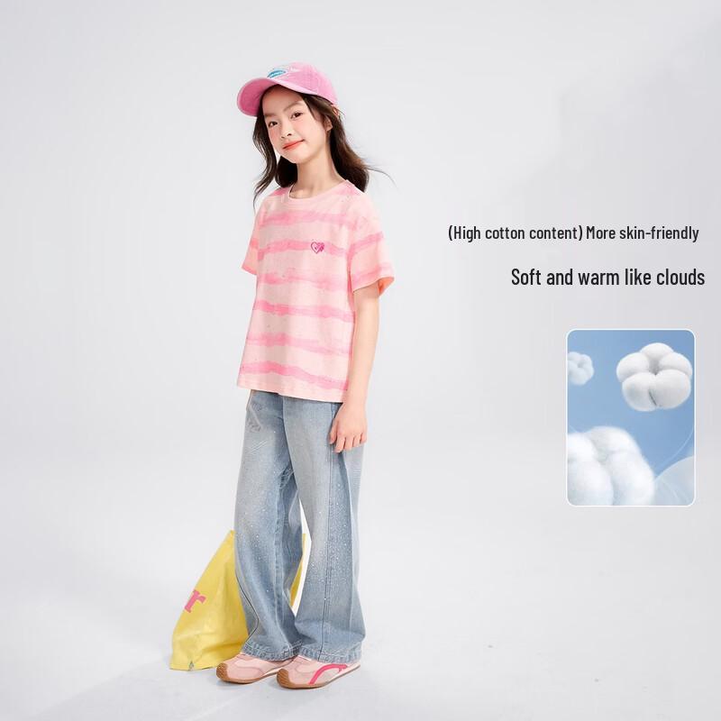 Princess Yuanyuan Girls' Pink Striped Heart Print Short Sleeve T-Shirt