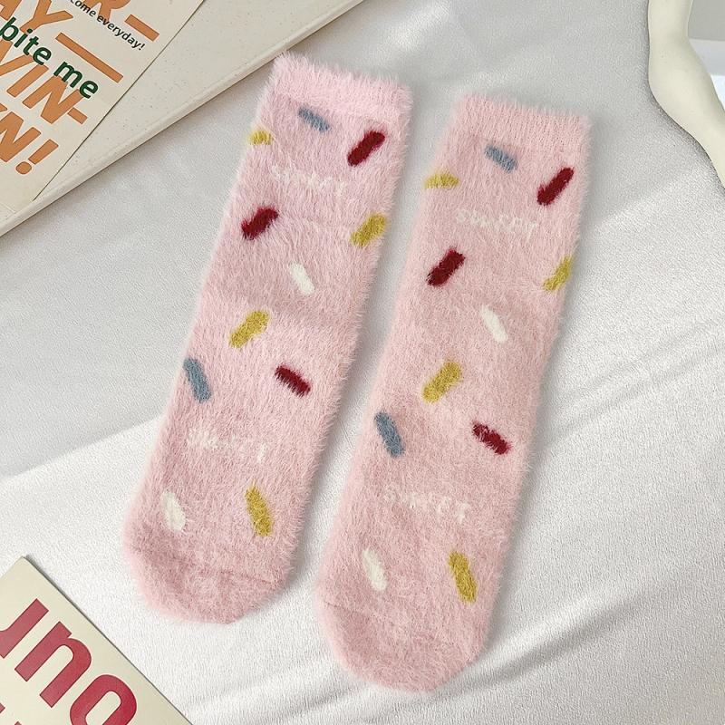 

Носки для девочек, зимние, осенние, теплые, утолщенные, средней длины, милые, розовые, в горошек, домашние и ночные носки