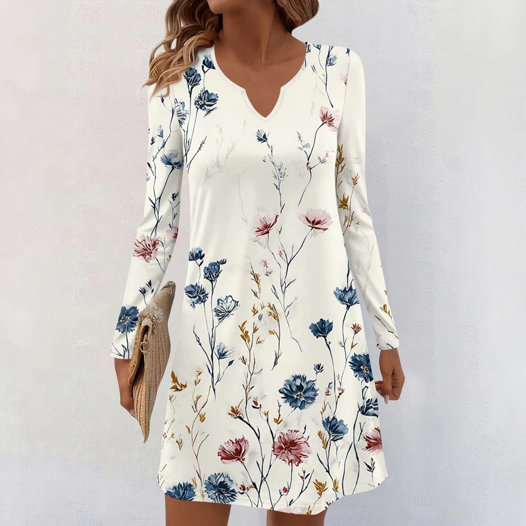 Women's Long-sleeved Casual Midi Dresses V-Neck Print  Casual Dress