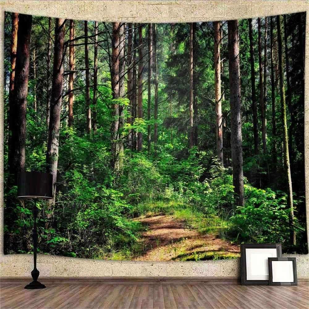 Tapestry of green plant against the background of pine forest 75x100