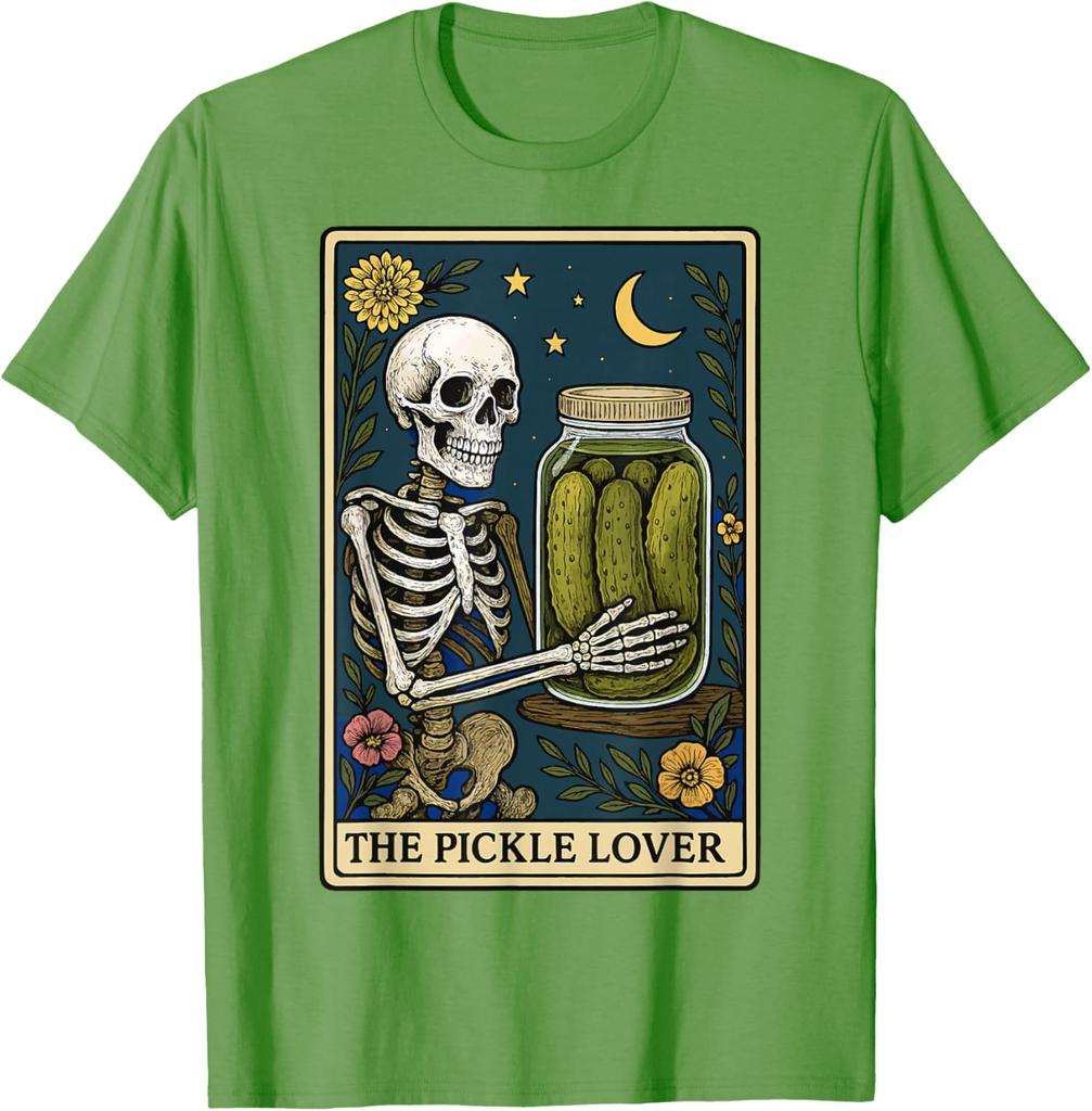 Skeleton Holding Pickle Jar Tarot Card Graphic Print Cotton Casual T-Shirt for Men Trip