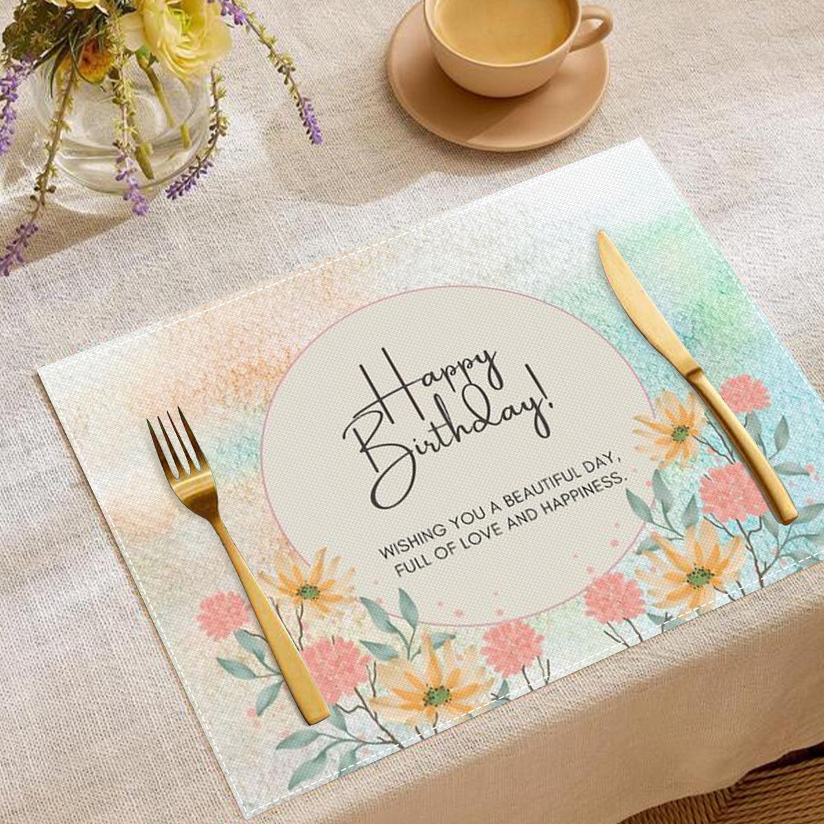 

Birthday Placemat Cartoon Colorful Happy Birthday Cake Gift Box Balloon Stars Flowers Party Decorations Placemats for Table Mat (as the picture,4PC-32X42cm)