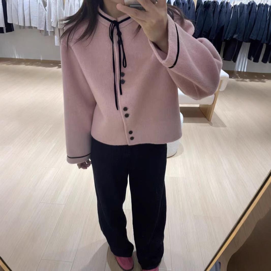 

Двустороннее шерстяное пальто с милым бантом и контрастным цветом для женщин. Новый стиль, нежный стиль, свободное и облегающее шерстяное пальто для людей невысокого роста. M