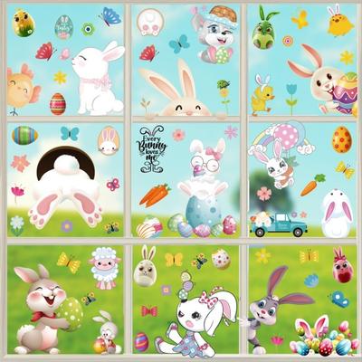 1 Set Window Sticker Creative Shape Waterproof PVC Colorful Easter Rabbit Eggs Window Electrostatic Sticker