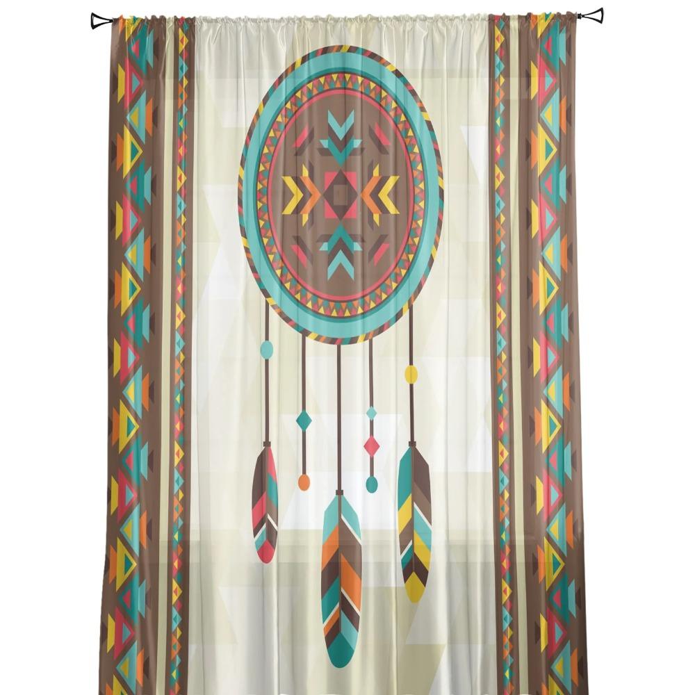 Indian Feather Ethnic Dreamcatcher Sheer Drapes for Living Room Decoration Window Curtains Kitchen Curtains