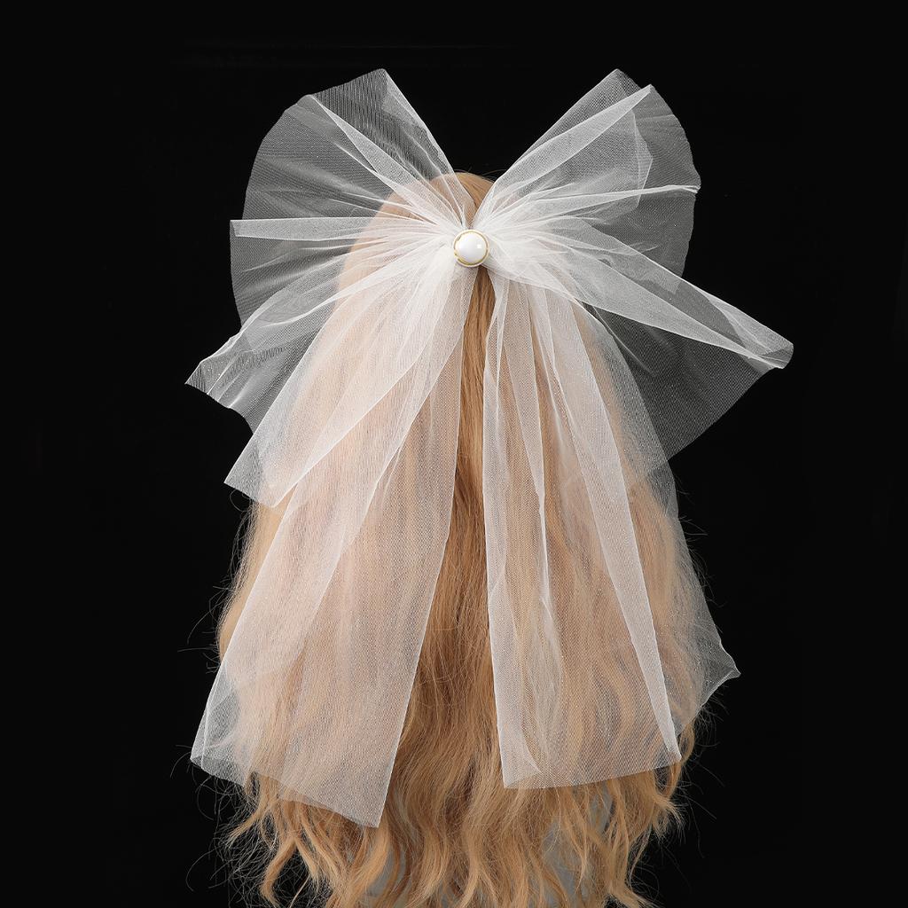 White Tulle Bow Veil Hairpin Pearls Wedding Bachelorette Hen Party Elegant Bridal Veil Hair Clip Gifts Women Hair Accessories