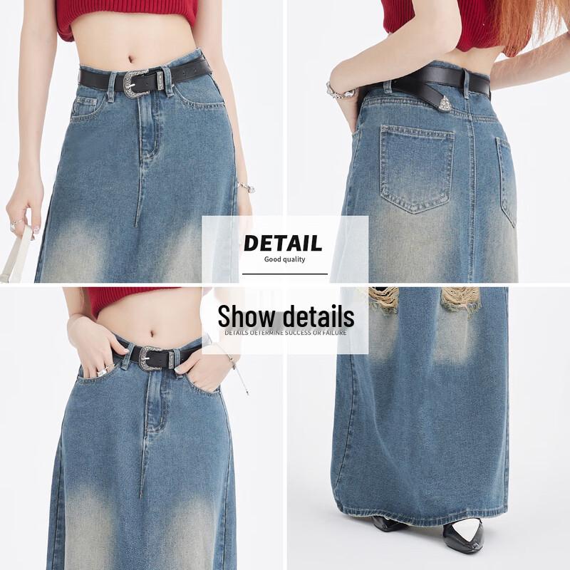 Baleno S&K Vintage Faded Ripped Denim Midi Skirt