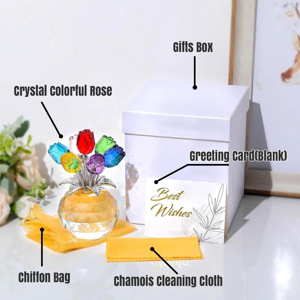 Crystal Colorful Rose Flower Collectible Figurine with Vase,Crystal Rose Ornament,Eternal Rose Decorative Gift Valentine's Day