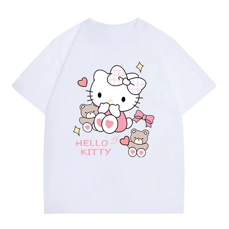 2026 Summer HelloKitty Cartoon Graphic Tee Casual Short Sleeve Cotton Tops for Adults Kids Lovely Kawaii Streetwear Style