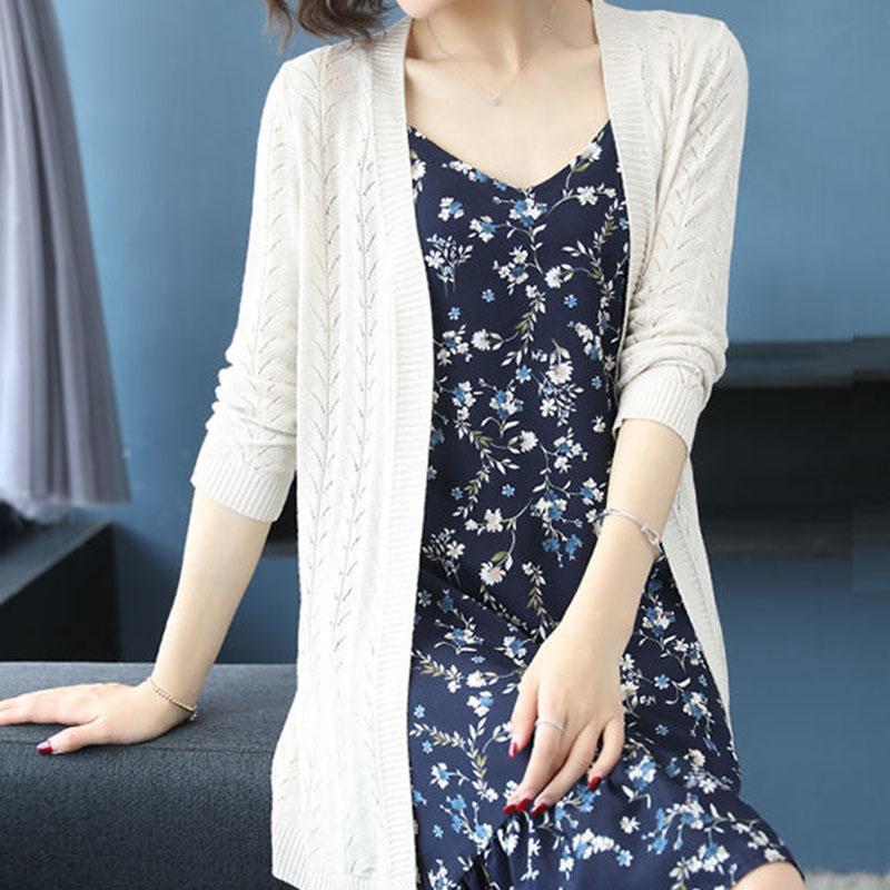 Jarní a podzimní dámský pletený kardigan vnější středně dlouhý tenký kabát