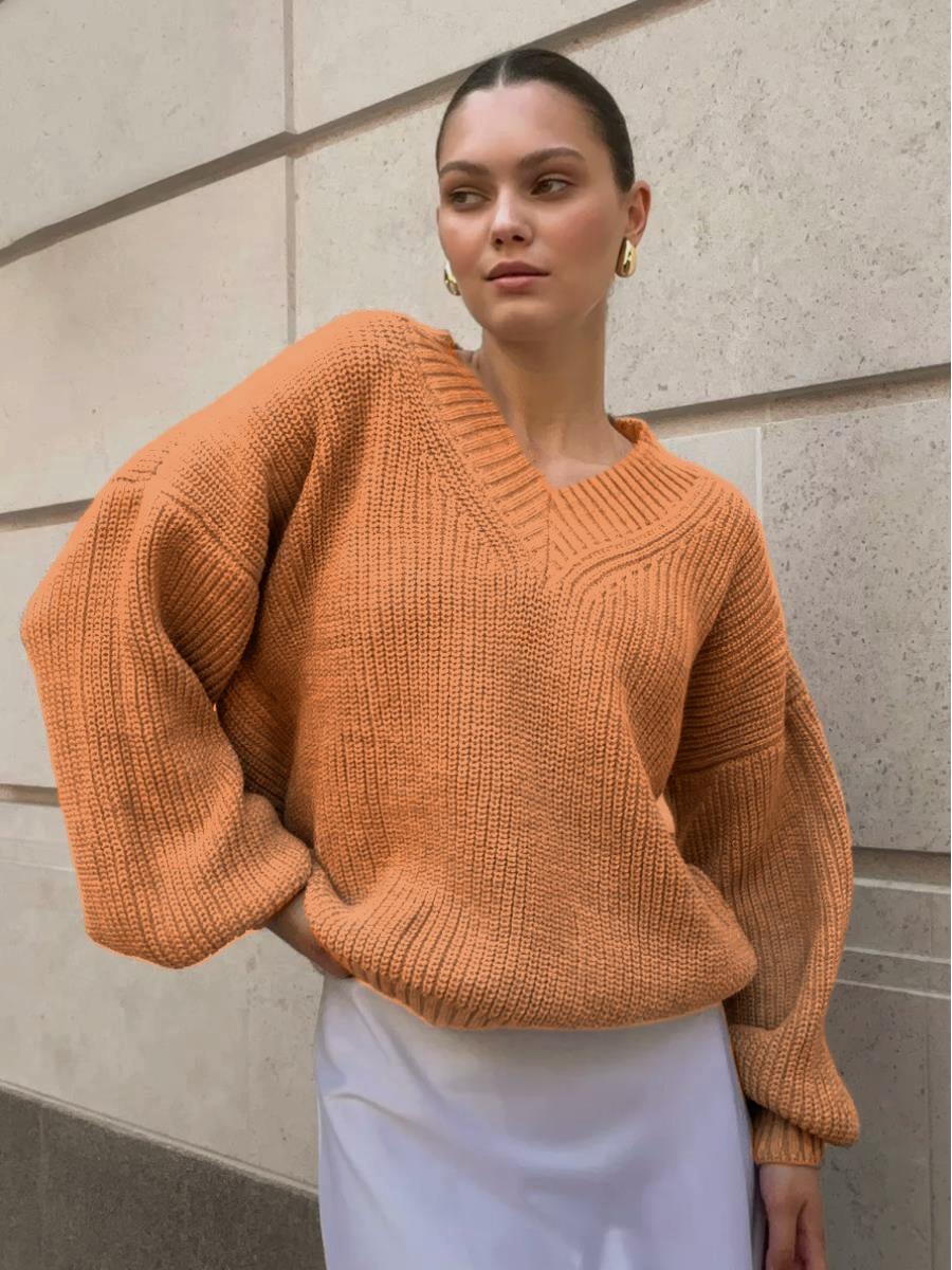 

2024 Women s V-neck Oversized Knit Sweater - Warm Cross-border Casual Pullover Knitwear Large оранжевый