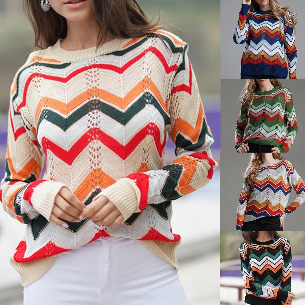 Women's Fashion  Sweater With Loose Stripes And A Knit Round Neck