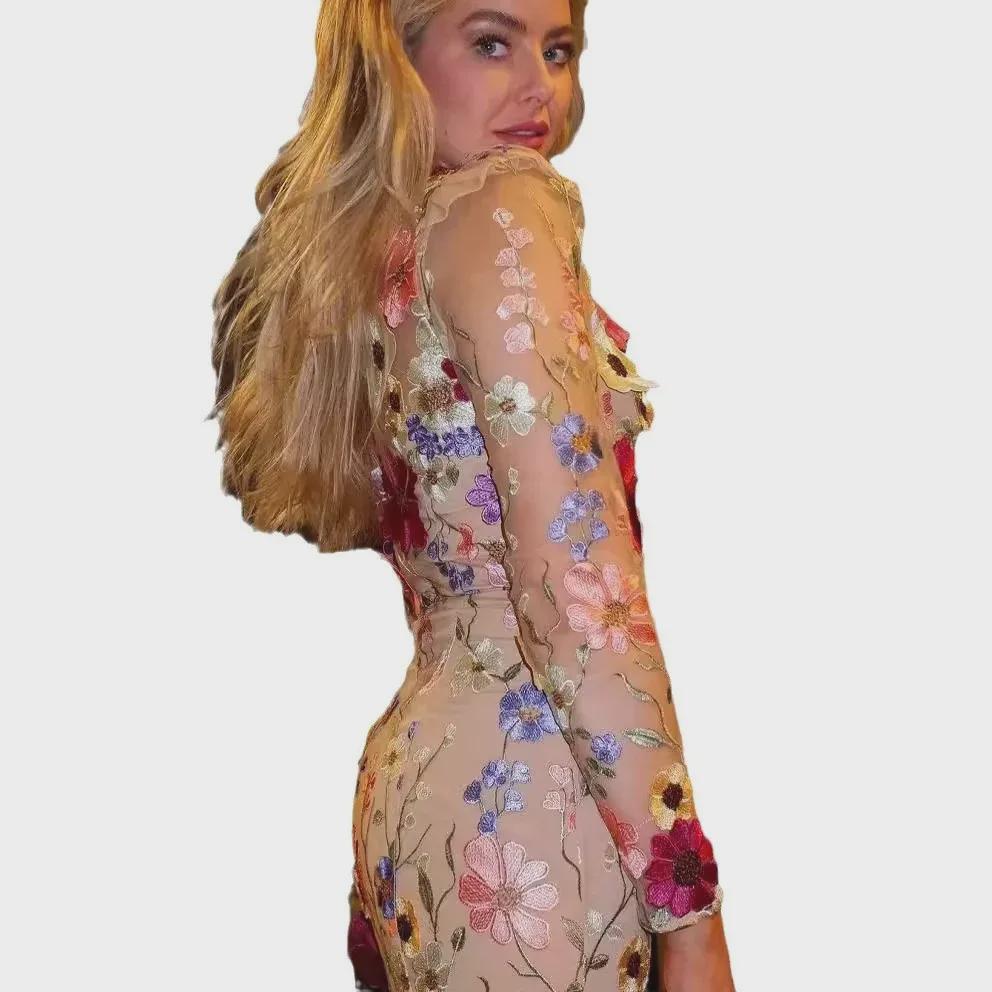 Colorful 3D Floral Embroidery Mesh Fishtail Dress - Spring/Summer