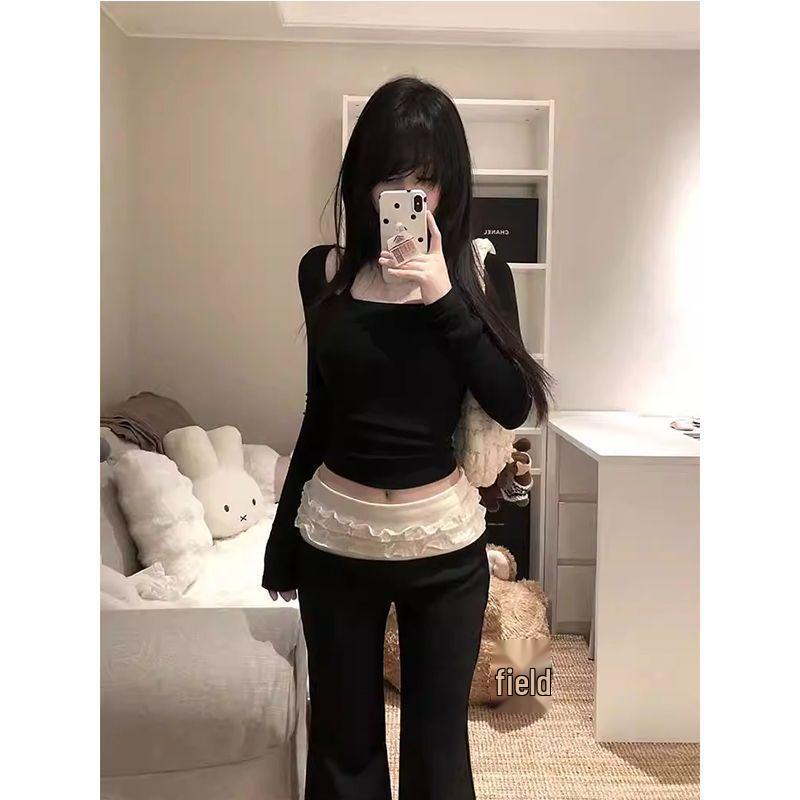 Spring/Summer 2025 Women's Pleated Lace Micro-Flare Ballet Pants - Floor-Length Trousers