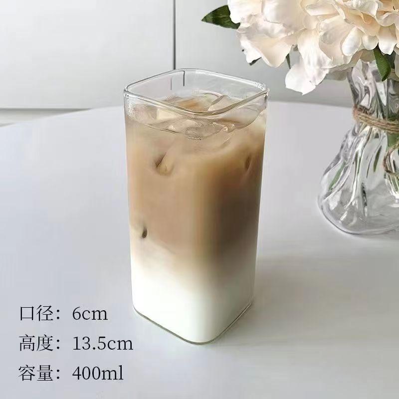 

Square Glass Water Cup INS Style, Attractive, with Lid and Straw, Transparent, Simple, Milk Cup, Home Coffee Cup, Latte Cup 400ml
