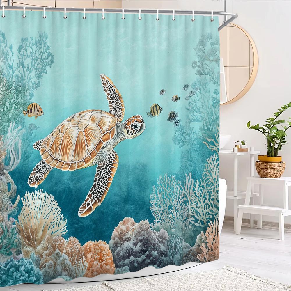 Sea Turtle Shower Curtain, Blue Beach Coastal Sea Turtle Starfish Underwater Creatures Bathroom Decorative Shower Curtain