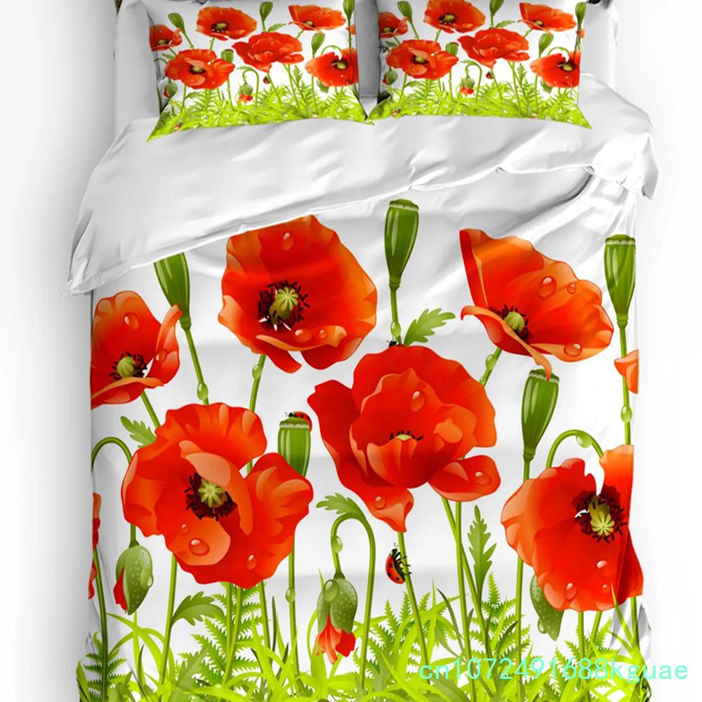 Juego de Cama Floral Edredón Funda Nórdica Fundas de Almohada Amapolas de la Temporada de Primavera Flores Pastorales Cubierta de Cama Bot Juego de Cama Doble