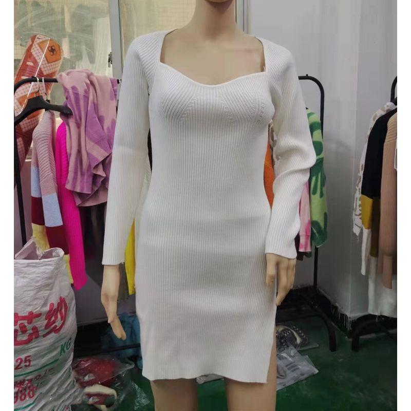 

Fashion Wind Square Collar Long Sleeve Slim-Fit Hip-Wrapped Short Dress Slit Knitting Dress Slit Knitted Dress White S