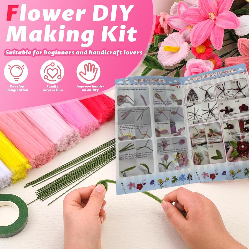 Pipe Cleaner Flowers Craft Kit, 7 Colors Pipe Cleaners Craft Flower Making Kit, Chenille Stems Pipe Cleaners Kit with Tutorial