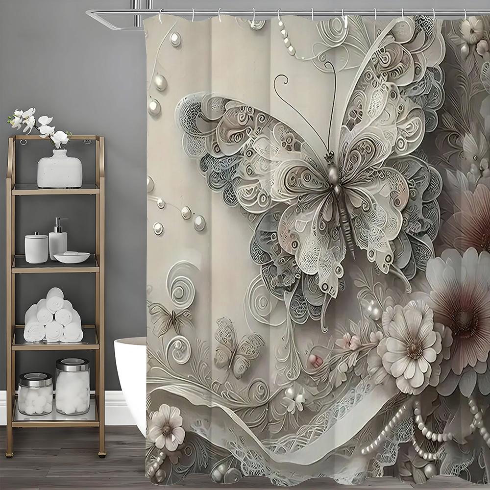

Неглубокая рельефная художественная шторка для душа с бабочкой и цветком, декоративная шторка для душа для ванной, водонепроницаемая шторка для душа с крючками 150*180cm