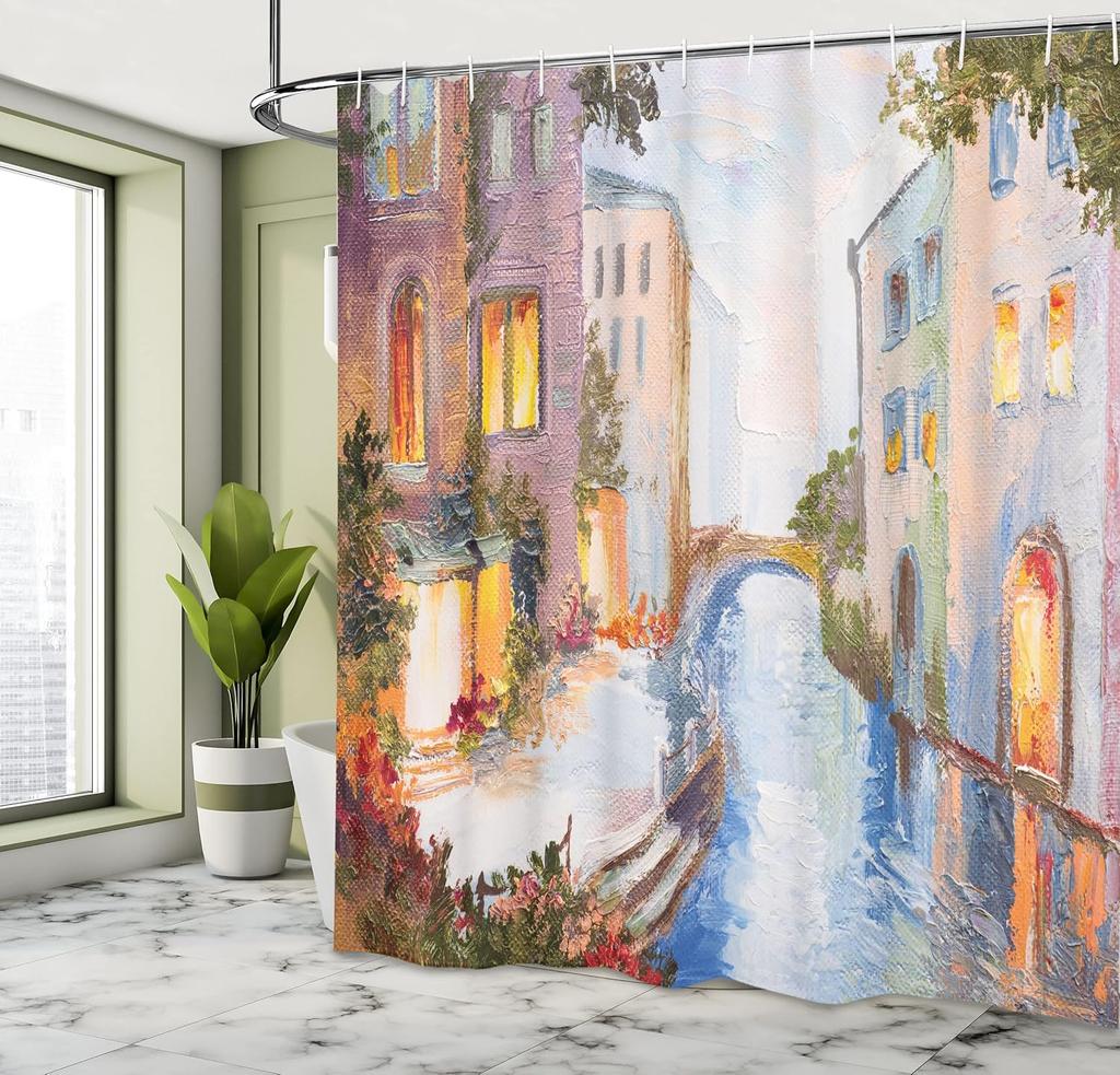 Venice Canal Shower Curtain with Hooks – Oil Painting Style, Vintage Houses & Waterway, Italian Cityscape Bathroom Decor