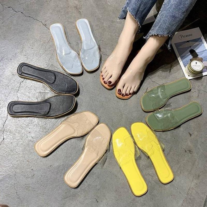 Summer new women's shoes one word fashion Korean version transparent jelly cool slippers flat bottom women's square head slippers women