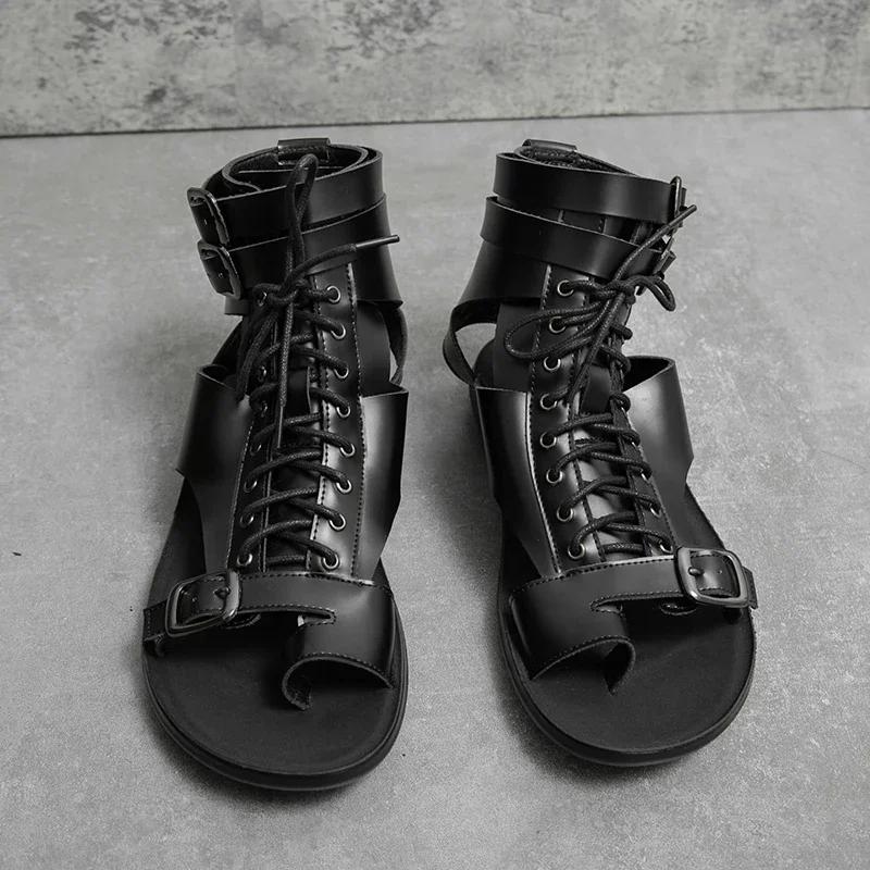 

Trends Mens Summer Leather Sandal Classic Retro Style Flats Men Designer Roman Sandals Casual Light Ankle Strap Sandals 45 чёрный