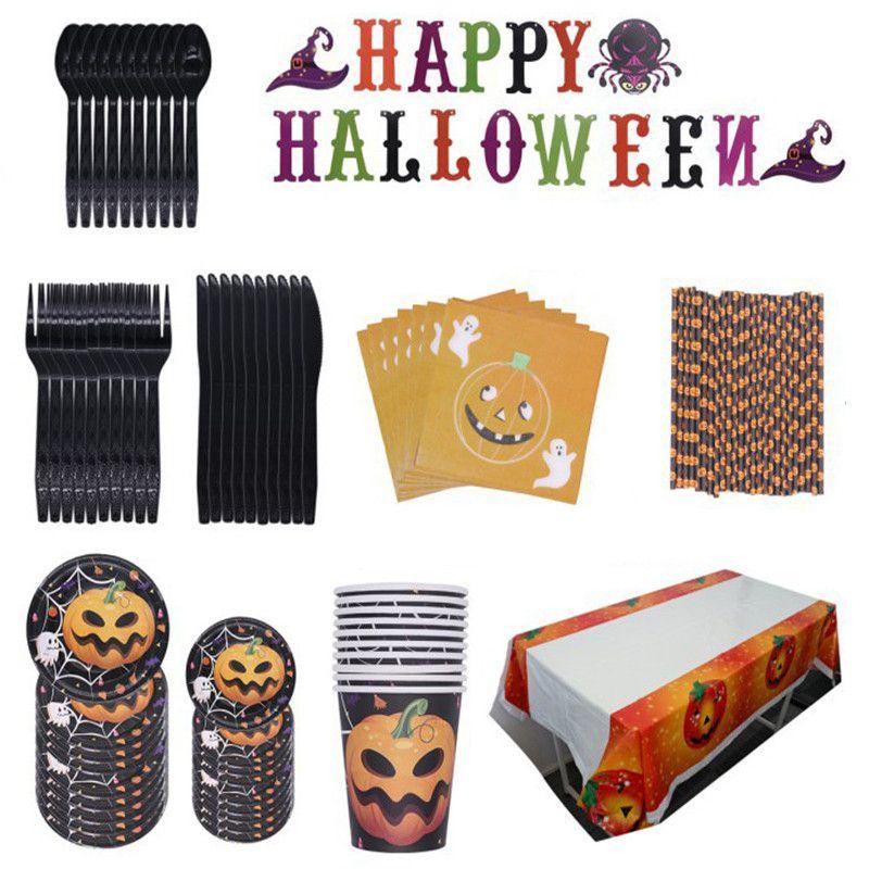 Halloween Party Decoration Supplies Including Pumpkin Tablecover And Straws**