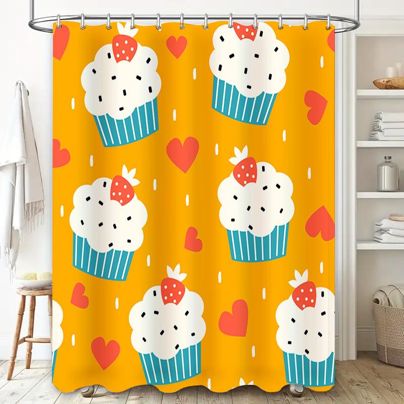 Cute Cupcake Shower Curtain Bathroom Decor with Strawberry Pattern for Kids Room Yellow Color (180x240cm)