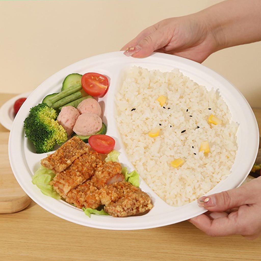 Disposable Dinner Plates, Thickened Food-grade Tableware, Round Snack Plates, Barbecue Plates, Buffet Paper Plates, Three-grid Paper Plates