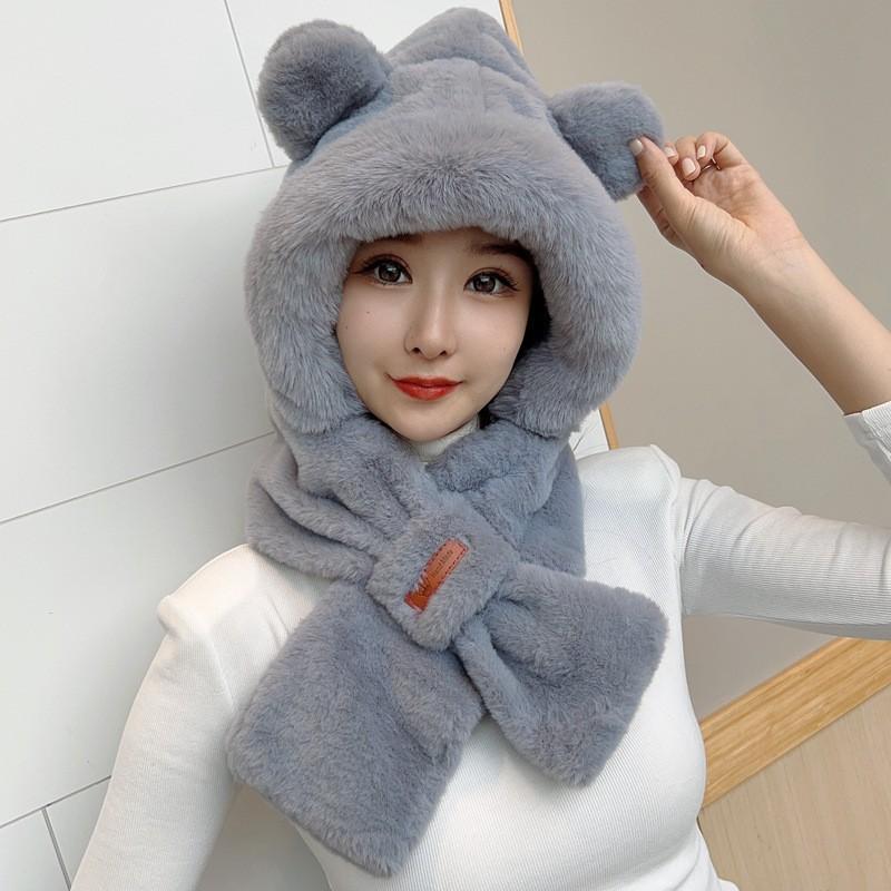 Bear hat plush scarf female winter cute winter scarf two-piece set hooded integrated ear hat warm tide