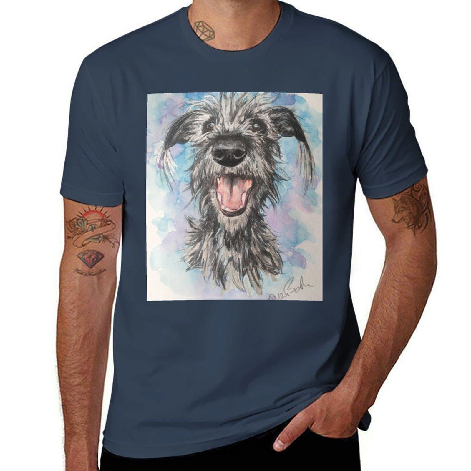 Scruffy Lurcher Watercolour Background Tshirt Basic Simple Design Short Sleeve Shirt S