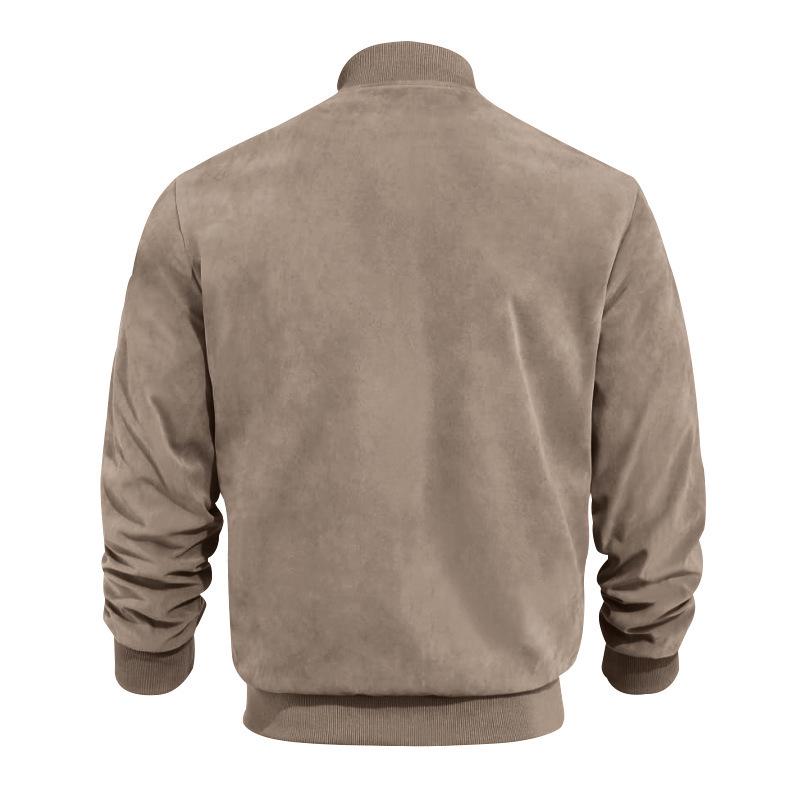 Men's Spring/Autumn Suede Zipper Cardigan Jacket with Stand Collar and Patchwork Design
