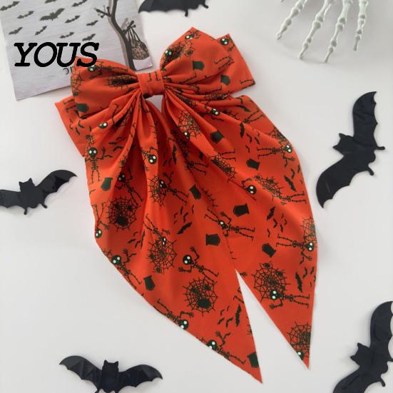 Pumpkin Hair Clip Halloween Bow Spring Clips for Women, Skeleton Ghost Hand Printed Festive Accessory Fabric Barrettes, Cute Horror Accessories