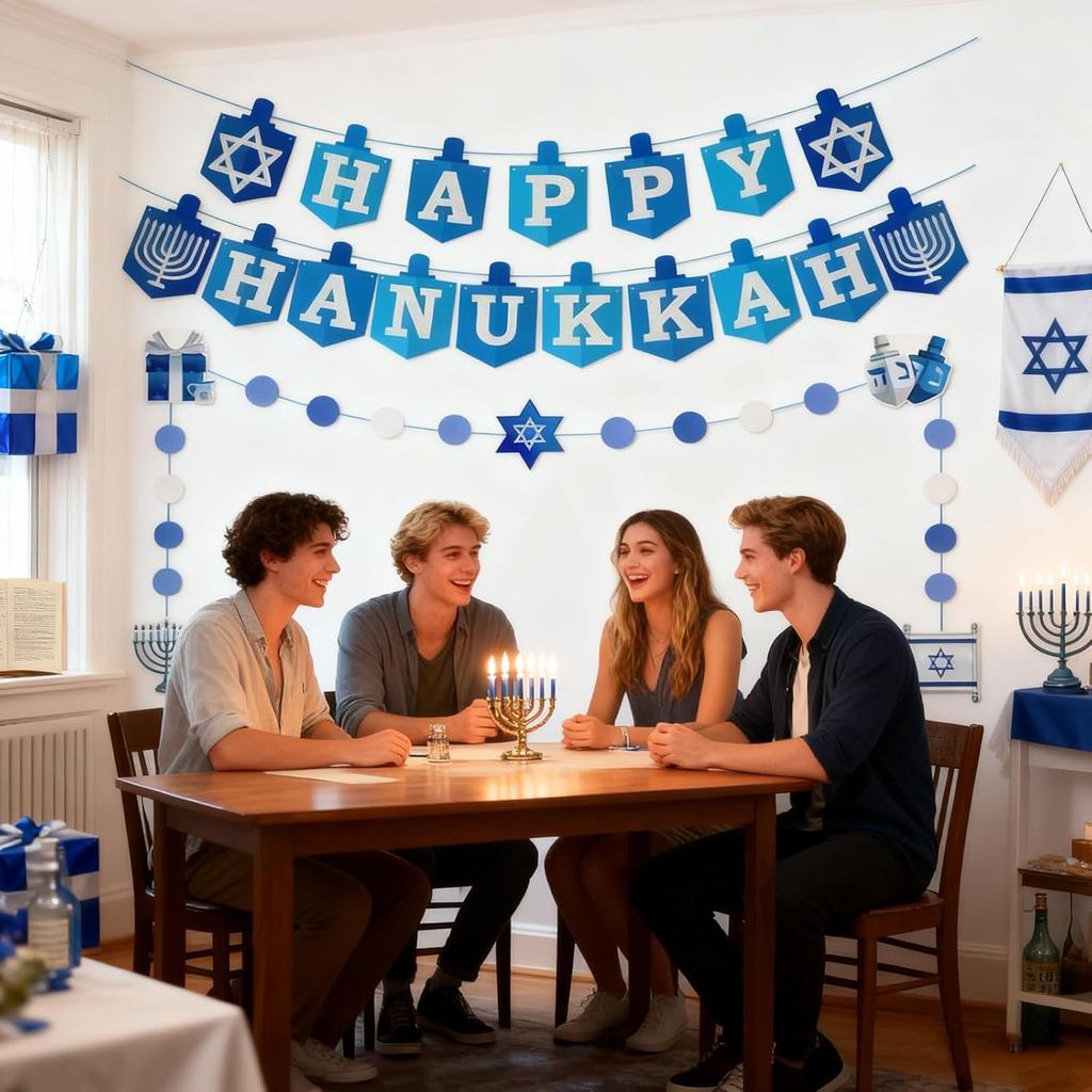 Hanukkah Decorations Banner Happy Hanukkah Banner Party DIY Decor Garland for Home Indoor Blue Glitter Supplies