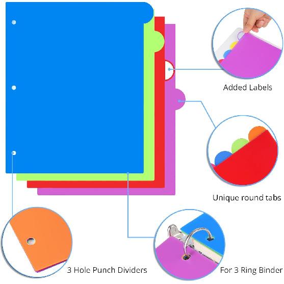 Dividers for 3 Ring Binder, 8 Tab Vibrant Colors 3 Sets 24 Pcs Plastic Binder Dividers with Tabs, 3 Hole Punched Tab Dividers Letter Size for School