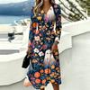 Women's Casual Halloween Print Long Sleeve V-Neck Dress with Pockets