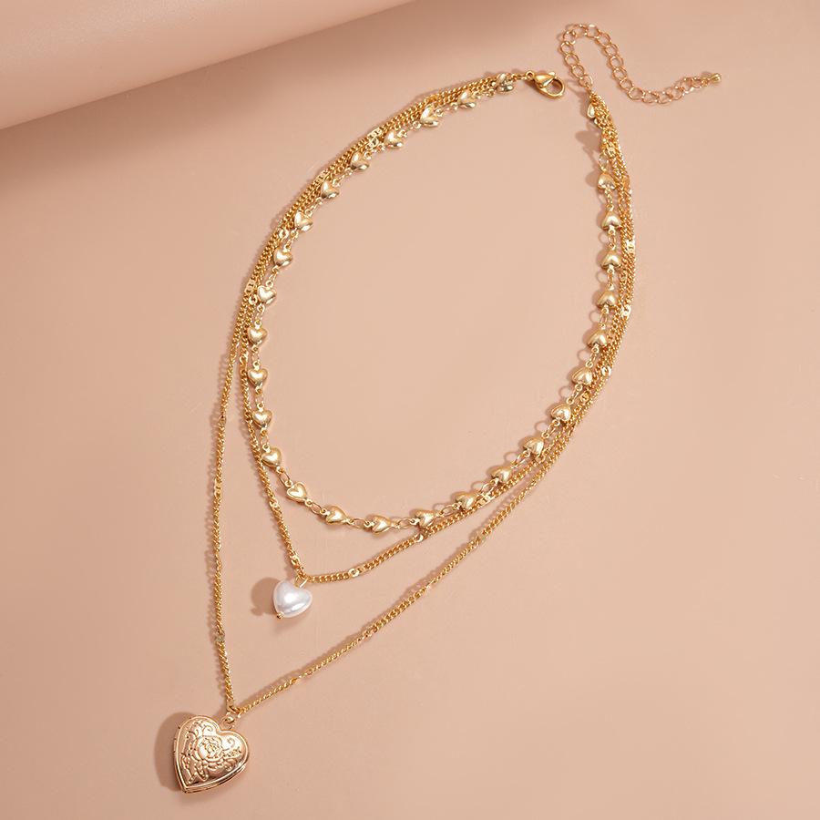 Imitation Pearl Love Print Three-layer Stacked Sweater Chain French Retro Necklace