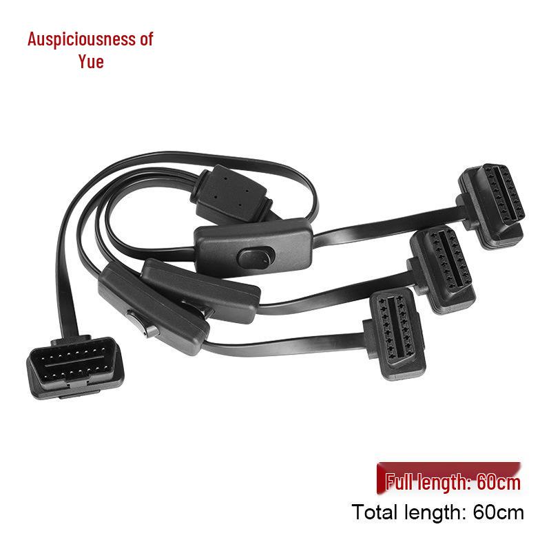 Ultra-thin 60cm OBD2 Flat Extension Cable with Switch, 16-pin 8-core, One-to-Three Connection.