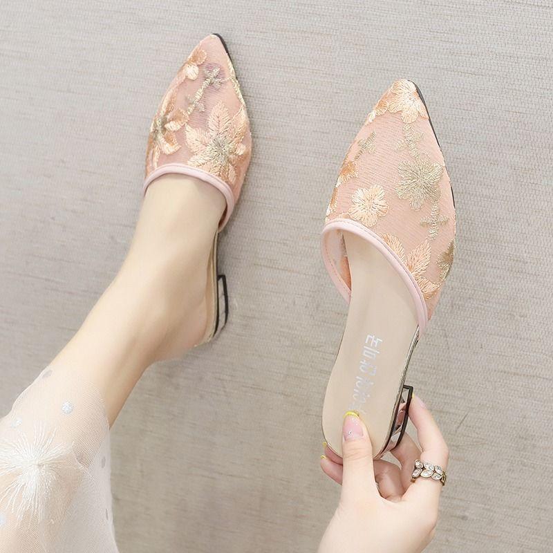 Fashion Slides Pointed Toe Embroidery Shoes for Women Sexy Woman Mules Slippers Low Heel New Collection Price Fashion 2025 Trend Sandals