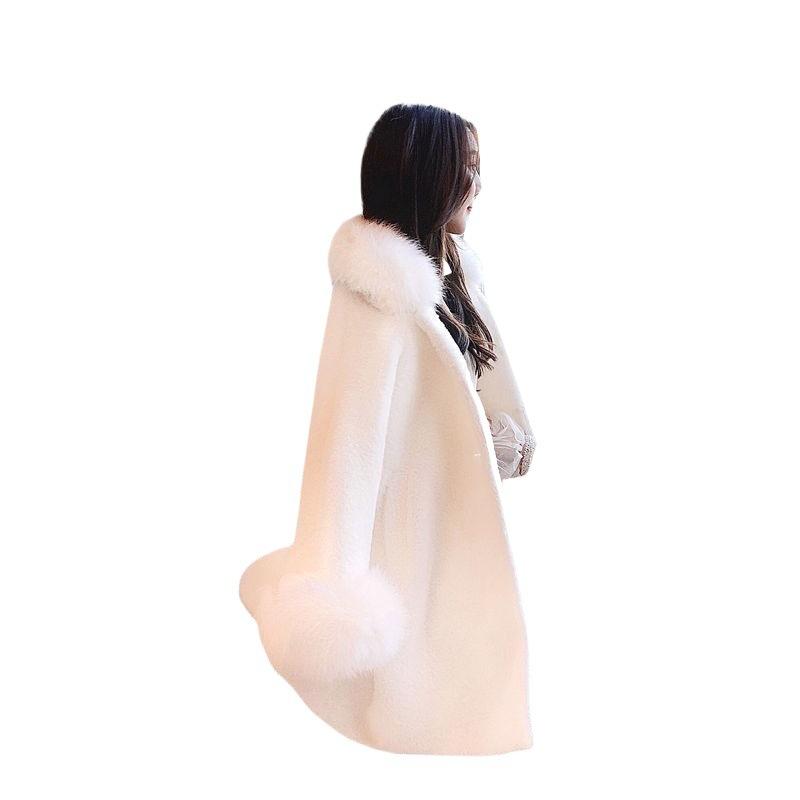 Imitation mink hair coat women's autumn and winter new celebrity fur collar thickened woolen coat medium and long cape medium and long