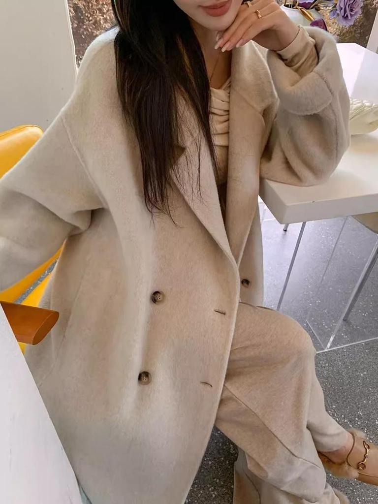 Women's Mid-Length Pink Double-Faced Wool Coat - 2025 Korean Autumn/Winter Style