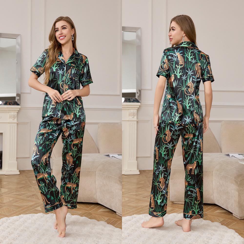 Yaoting ice silk pajamas women's summer short-sleeved trousers loungewear set high-end printing two-piece set TZ1111