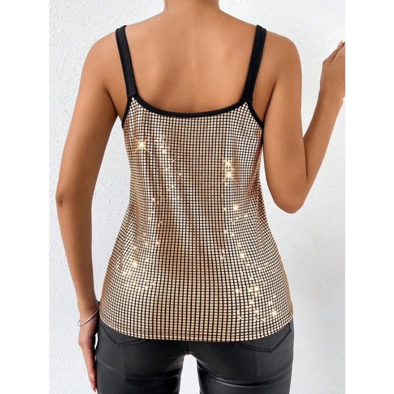 Top Cami da Donna Scollo a V in Rete con Paillettes e Cinturino con Fibbia Metallica per Festa Nightclub Blusa Senza Maniche Monocolore