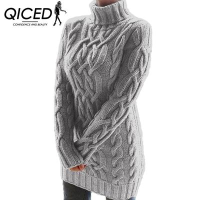 QICED Pullover Damen Strickwaren Herbst und Winter Doppelrevers Vintage Dickes Garn Zopfmuster Kleid
