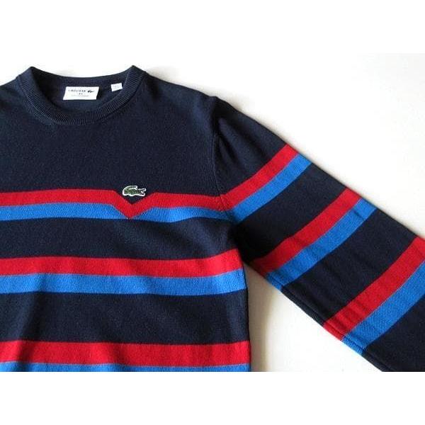 Used Good Condition Made In France LACOSTE AH6788 Crocodile Logo Patch Organic Cotton Border Sweater Knit FR:3 US:S Navy Navy Blue Red