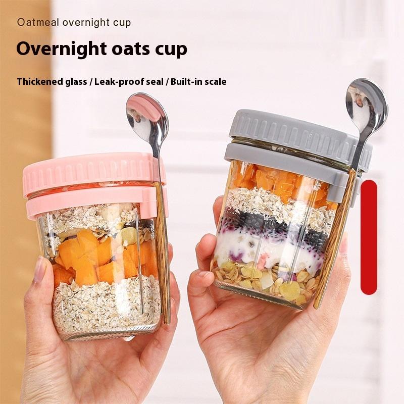 1/2Pcs350ml Overnight Oat Cup Glass With Lid And Spoon Seal Food Breakfast Cup Portable Cereal Milk Salad Yogurt CupKitchen Item