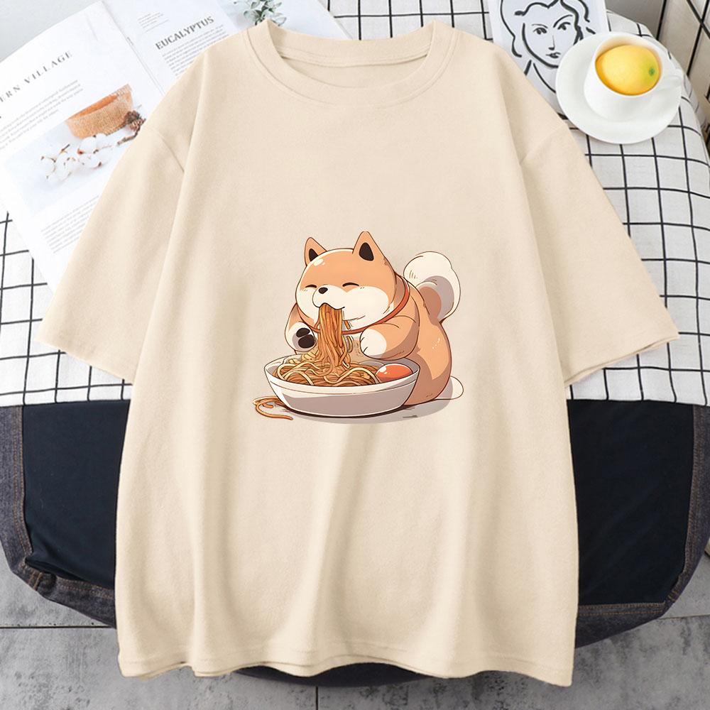 Shiba Inu Enjoying RaUnisex Graphic Tshirt Women Clothes Summer Funny Japanese Noodle Harajuku Print Shirt Kawaii Cat Fashion Tops