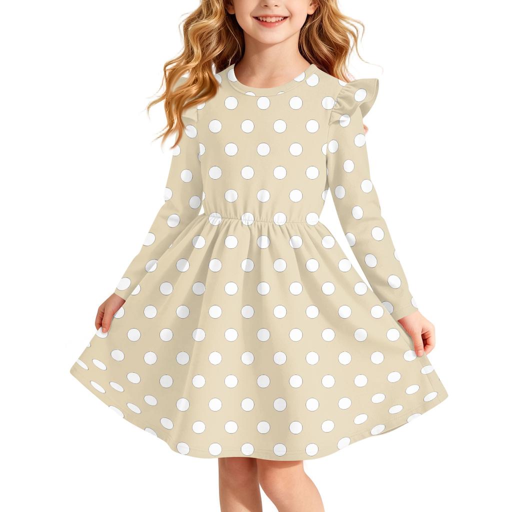Girls Christmas Print Dress with Sleeves Long Sleeve Holiday Party Dress